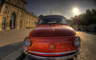 Red car building sunlight fisheye - the side of a road next free wallpaper