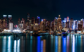 Cityscape night blue reflection boat - blue light free wallpaper