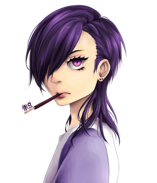 Girl purple hair cigarette drawing - an anime drawing free wallpaper