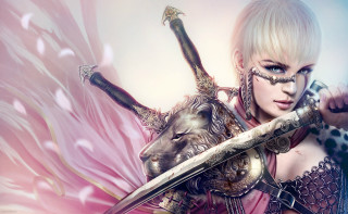 Blonde woman sword cow pink - white feather free wallpaper