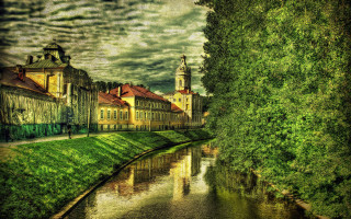 River forest buildings cloudy day - hdr free wallpaper