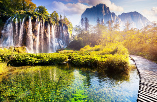 Waterfall river forest bench autumn - alen divi free wallpaper