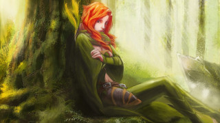 Woman forest sitting wolf cape - a painting of a woman free wallpaper