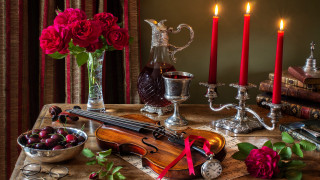 Violin roses cherries vase candle - romantic free wallpaper