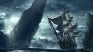 Pirate ship mountain ocean sky - the side of the ship free wallpaper