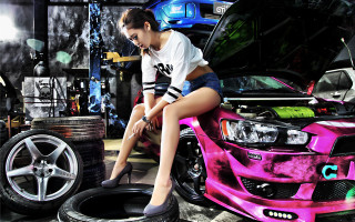 Woman sitting pink car garage - choi buk free wallpaper for desktop