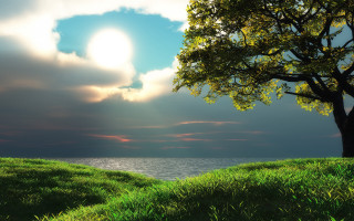 Hill tree lake cloudy sky - a body of water under a cloudy sky free wallpaper
