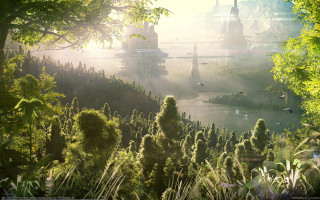River trees birds bridge afrofuturism - a bridge in the background free wallpaper