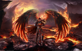 Fire angel wings rocky background - dark fantasy art free wallpaper