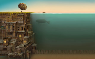 Cliffhouse tree shark surreal matte - surrealism free wallpaper