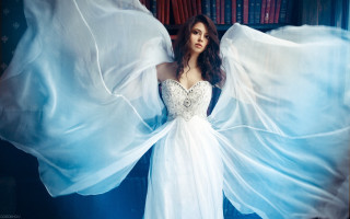 Woman white dress blue wings - her arm free wallpaper