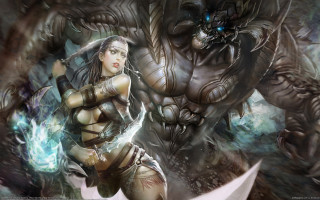 Woman sword monster fantasy mtg - a woman in a bikini holding free wallpaper