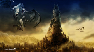 Dragon city castle sunset clouds 2 - matte fantasy painting free wallpaper