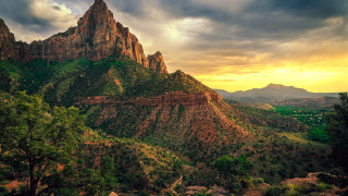 Mountain range sunset clouds trees 2 - a matte painting free wallpaper