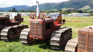 Farm tractors mountains fenced precisionism - hard surface free wallpaper