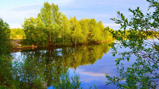 River trees clouds park bench - impressionist free wallpaper