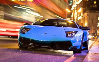 Blue sports car night street - a street free wallpaper