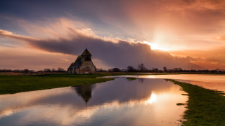 Church shore water sunset cityscape - a church free wallpaper