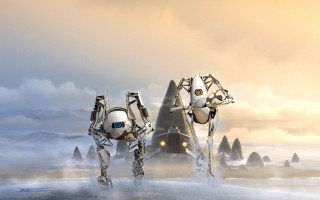 Robot couple snow mountains sky - environmental free wallpaper for desktop