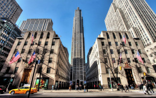 Artdeco tallbuilding spire citystreet taxi - ultra wide angle free wallpaper