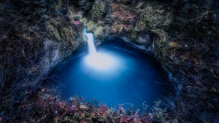 Blue pond waterfall trees night - alson s. clark free wallpaper