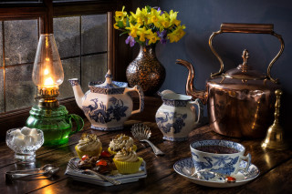 Tea table cupcakes teapot kettle - art free wallpaper