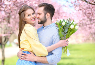 Romantic hugging couple cherryblossoms spring - romantic free wallpaper