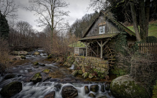 Small house river woodland waterfall - underneath free wallpaper