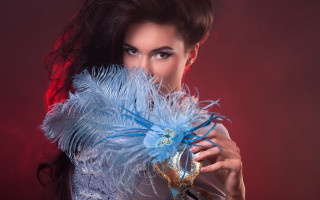 Woman blue feather mask red - a red background free wallpaper for desktop