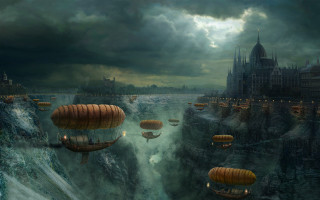 Castle hotairballoons river cityscape mattefantasy - over a river free wallpaper