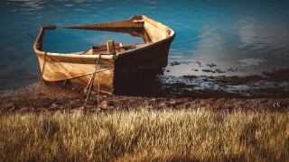 Lake shore boat reflection city - the water and grass free wallpaper