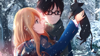 Romantic anime snow forest cats - their shoulder free wallpaper