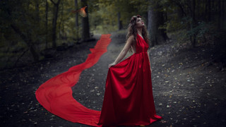 Woman red dress woods ribbon - overhead free wallpaper