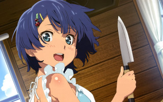 Surprised woman knife blue hair - a knife free wallpaper