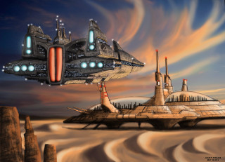 Futuristic ship space ship sunset - free sci-fi wallpaper