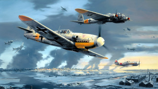 Airplanes flying city smoke sky - over a city free wallpaper