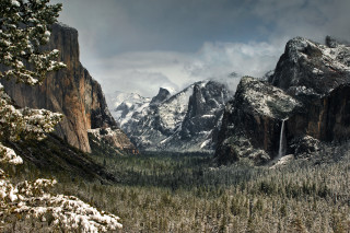 Mountain range waterfall snow forest - the ground and trees free wallpaper