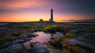 Lighthouse rocky shore sunset pond 2 - beautiful landscape free wallpaper