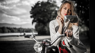 Woman camera motorcycle portrait art - a helmet free wallpaper