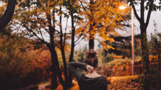 Woman park autumn blurry leaves - her back free wallpaper