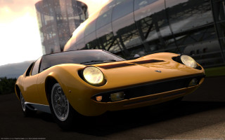 Yellow sports car glass building - f 8 aperture free wallpaper