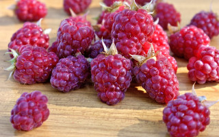 Raspberries wooden table leaves photorealism - a wooden table top free wallpaper