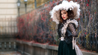 Woman dress hat fence clock - victorian free wallpaper