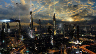 Futuristic city night birds skyline - matte painting concept art free wallpaper