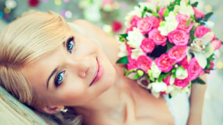 Woman flower bouquet portrait blonde 2 - facial feature free wallpaper