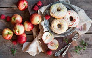Donuts apples tablecloth spoons knife - free holidays wallpaper