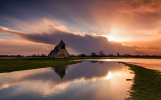 Church shore water sunset horizon - a church free wallpaper