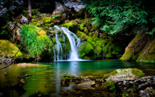 Waterfall forest mossy rocks stream 4 - impressionist free wallpaper