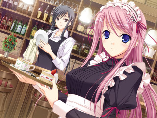 Anime girls restaurant food wine - a restaurant free wallpaper