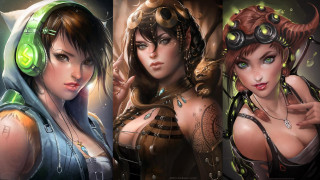 Fantasy cyberpunk women headphones goggles - headphone free wallpaper